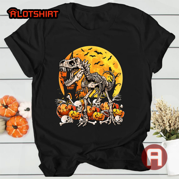 Skeleton Dinosaur Rex Pumpkin Halloween Moon Shirt