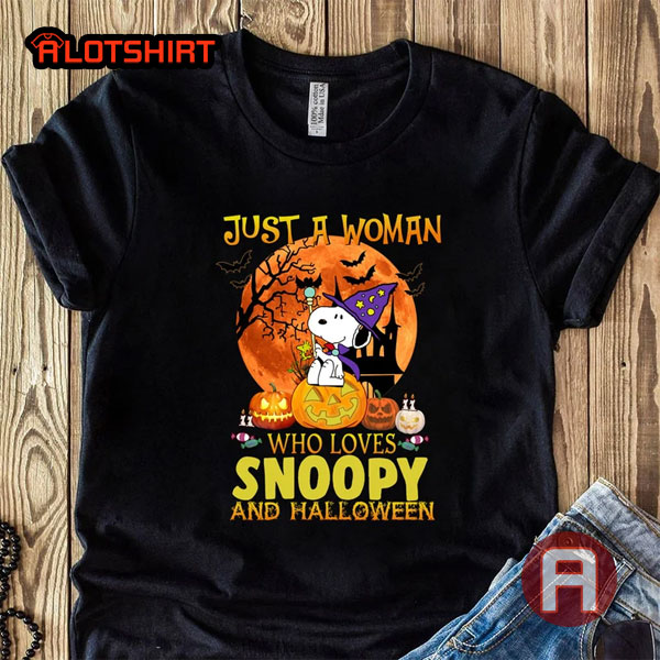 Just a Woman Who lives Snoopy and Halloween Snoop Dog Autumn Pumpkins Shirt
