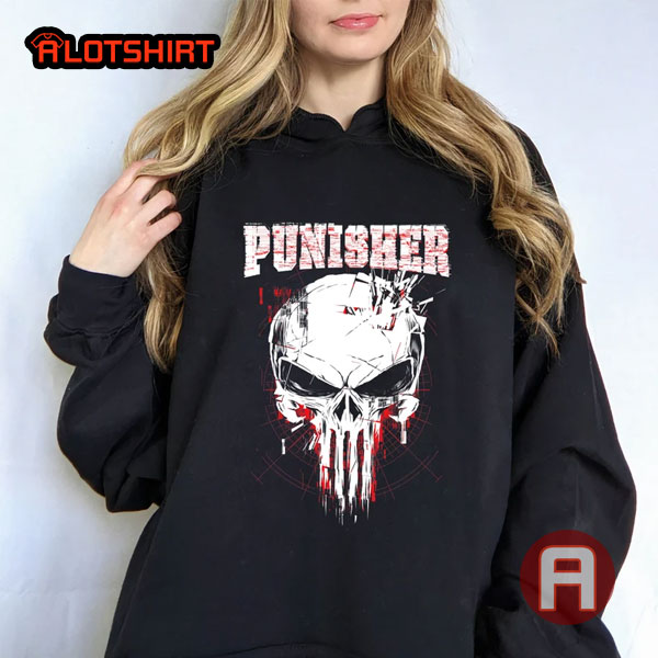 Marvel The Punisher Skull and Red Streaked Logo Shirt For Fans