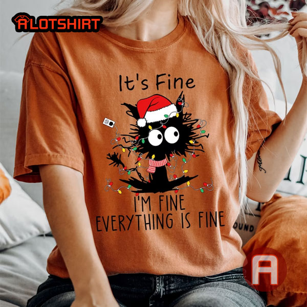 It's Fine Black Cat Christmas Light Shirt
