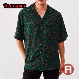 Silk Fabric Green Leopard Short Sleeve Hawaiian Shirt