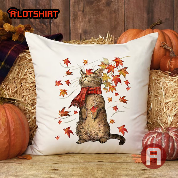 Fall Cat With Leaves Pillow For Cat Lover
